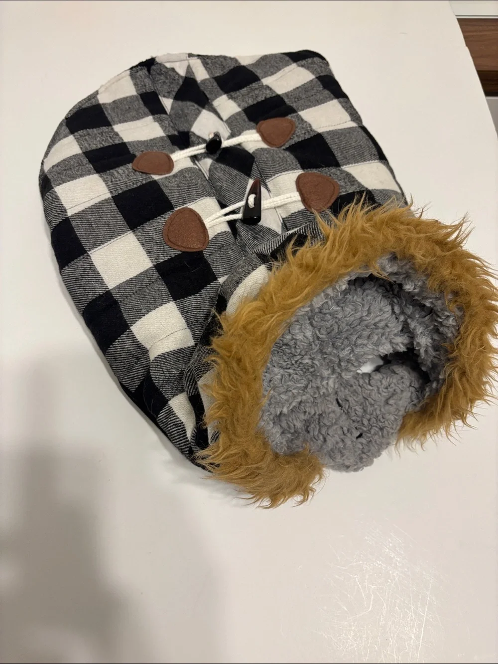 Buffalo Check Hooded Dog Coat with Faux Fur Trim - M